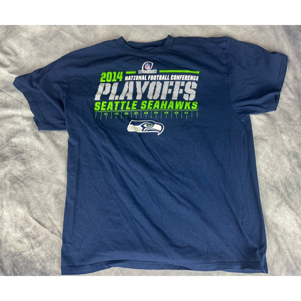 Majestic Seattle Seahawks 2014 NFL Playoffs T Shirt Mens Large Navy Blue NFC